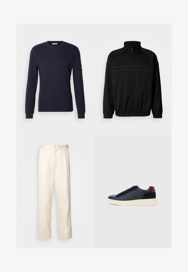 Svart glidelåsjakke laget av myk stoff, med høy krage, elastiske mansjetter og dekorative horisontale striper over brystet.; Marine langermet genser med rund hals i teksturert stoff, med en tettsittende passform og ribbede mansjetter, samt et merketlapp på venstre erme.; Beige bomullsbukser med rett benfatt, med knappelukking og folder foran for ekstra detaljer.; Lave herresko i sort læder og ruskind med maroon hælflap og hvid gummisål, set fra ydersiden.