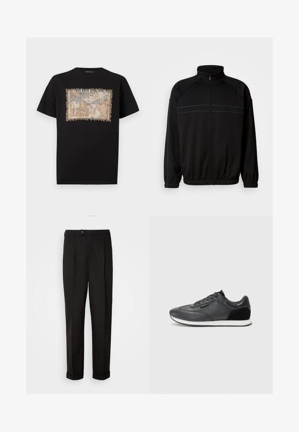 Musta vetoketjullinen takki pehmeästä kankaasta, jossa on korkea kaulus, joustavat hihansuut ja koristeelliset vaakastripeet rinnassa.; Musta puuvillapaita, jossa on teksturoitu, suorakulmainen graafinen printti beige- ja sinisävyissä. Paidassa on rohkealla valkoisella tekstillä "GUESS" ja "LOS ANGELES".; Mustat housut, joissa on sileä pinta, suora leikkaus, kaksi etutaskua ja yksittäinen nappikiinnitys vyötäröllä.; Mustat urheilukengät, joissa on nahkainen yläosa, lävistyksillä, mokkanahka-akselit ja valkoinen kumipohja. Klassinen nauhoitussuunnittelu.
