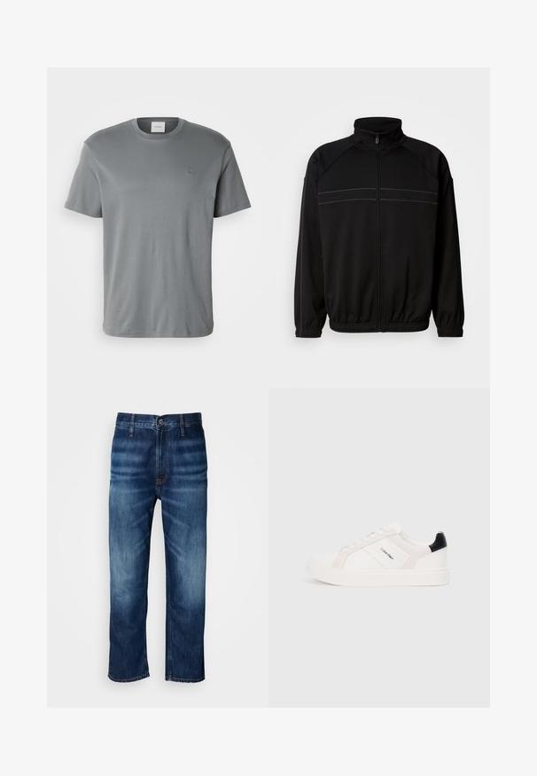 Casaco preto com fecho éclair, feito de tecido macio, apresentando uma gola alta, punhos elásticos e riscas horizontais decorativas ao longo do peito.; T-shirt cinza de algodão com gola redonda e mangas curtas. Apresenta um pequeno logótipo bordado no peito e bordas sem costura.; Calças de ganga de perna reta em azul escuro, com desbotamento sutil nas coxas e fecho de botão na cintura, exibidas sobre um fundo branco.; Sapatilhas brancas com detalhes em rosa claro e preto, apresentando painéis de couro liso e camurça, biqueira redonda e sola de borracha plana.