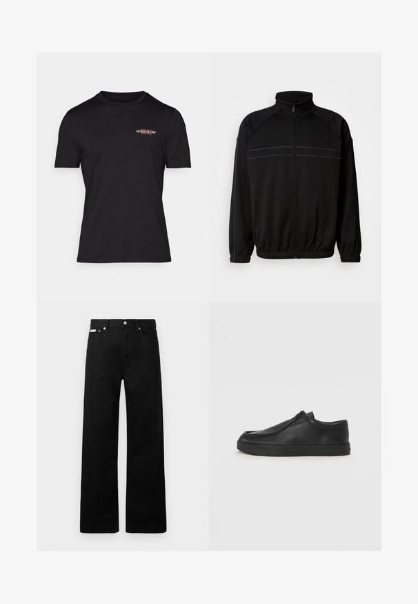 Must mustast jakk, mis on valmistatud pehmest kangast, omab kõrget kaelust, elastseid mansetid ja dekoratiivseid horisontaalseid triibu rinna piirkonnas.; Musta t-särk puuvillast, millel on ümar kaelus ja lühikesed varrukad. Vasakul rinnapiiril on väike punane "GUESS JEANS" logo.; Mustadest denimist püksid laiade jalgadega, viie tasku ja metallist nööpidega. Sile tekstuur, nähtavad mustrid puuduvad.; Must na ostri varvastega musta nahast libisemisega king, millel on tikand ja must kummitald. Sile tekstuur ja minimalistik disain.