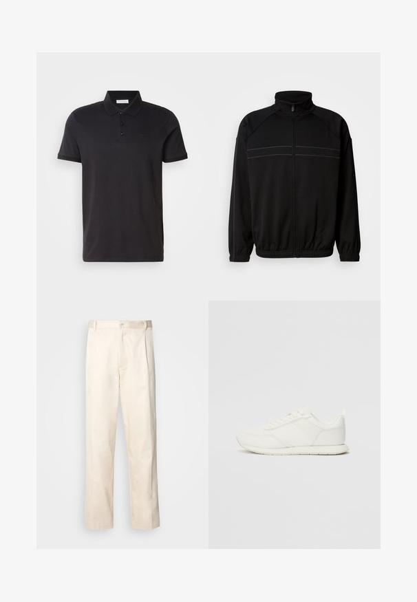Casaco preto com fecho éclair, feito de tecido macio, apresentando uma gola alta, punhos elásticos e riscas horizontais decorativas ao longo do peito.; Pólo preto feito de um tecido de algodão suave. Apresenta uma aba de dois botões, mangas curtas e um logótipo discreto no peito.; Calças de algodão bege com corte reto, apresentando um fecho de botão e pregas na frente para um detalhe adicional.; Sapatilha branca com parte superior em malha e sintético, bico arredondado, atacadores planos e uma faixa lateral texturizada. Sola em borracha com uma alça na parte de trás.
