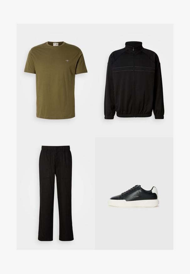 Black zip-up jacket made of soft fabric, featuring a high collar, elastic cuffs, and decorative horizontal stripes across the chest.; Olive green short-sleeve T-shirt made of cotton, featuring a round neckline and small embroidered logo on the chest. Smooth texture.; Black pants with a relaxed fit, made from lightweight fabric. Features an elastic waistband, button closure, and two front pockets.; Black leather sneakers with white rubber sole. Features round toe, lace-up design, and logo detail on the side. Rear accent in white.