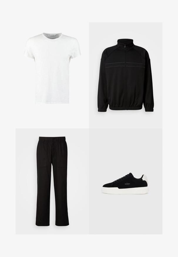 Musta vetoketjullinen takki pehmeästä kankaasta, jossa on korkea kaulus, joustavat hihansuut ja koristeelliset vaakastripeet rinnassa.; Valkoinen puuvillapaita, jossa on pyöreä kaula-aukko ja lyhyet hihat. Paidassa on hieno rakenne ja minimalistinen muotoilu. Ei kuvioita tai korostuksia.; Mustat housut rentoa istuvuutta, valmistettu kevyestä kankaasta. Varustettu elastisella vyötärönauhalla, nappikiinnityksellä ja kahdella etutaskulla.; Musta matala sneaker valkoisella pohjalla ja kantapäällä, naruilla suljettavissa edessä, ja Calvin Klein -logo sivulla.