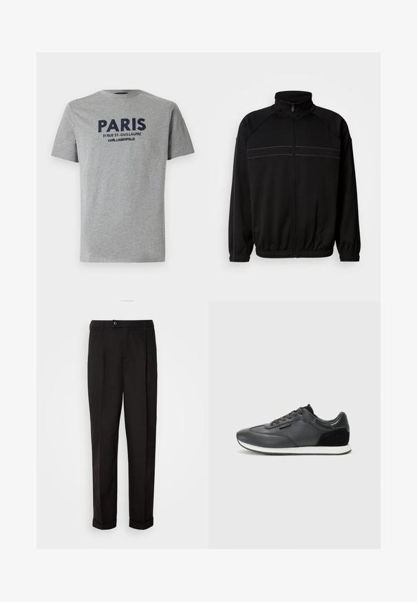 Melnas ar rāvējslēdzēju aizdaram jaka, kas izgatavota no mīksta auduma, ar augstu apkakli, elastīgām piedurknēm un dekoratīvām horizontālām svītrām uz krūšu daļas.; Pelēka kokvilnas T-krekls ar īsām piedurknēm, ar izšūtu tumši zilu tekstu: "PARĪZE 21 RUE ST-GUILLAUME KARL LAGERFELD" uz priekšpuses.; Melnas bikses ar gludu tekstūru, diviem priekšējiem kabatām, taisnas griezuma un ar vienu pogu vidukļa daļā.; Melni sporta kurpju zābaki, kas izgatavoti ar ādas augšdaļu, ar perforētu dizainu, zamšādas akcentiem un baltu gumijas zoli. Klasiska auklu pievēršana.