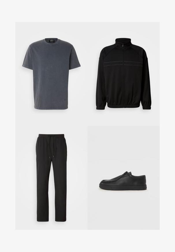 Black zip-up jacket made of soft fabric, featuring a high collar, elastic cuffs, and decorative horizontal stripes across the chest.; Gray short-sleeved t-shirt made from cotton. Features a round neckline and a relaxed fit. Minimalistic design with no patterns or graphics.; Black jogger pants made of lightweight fabric, featuring an elastic waistband with adjustable drawstrings and side pockets. Smooth texture.; Black leather slip-on shoe with a rounded toe, stitched detailing, and black rubber sole. Smooth texture with minimalistic design.