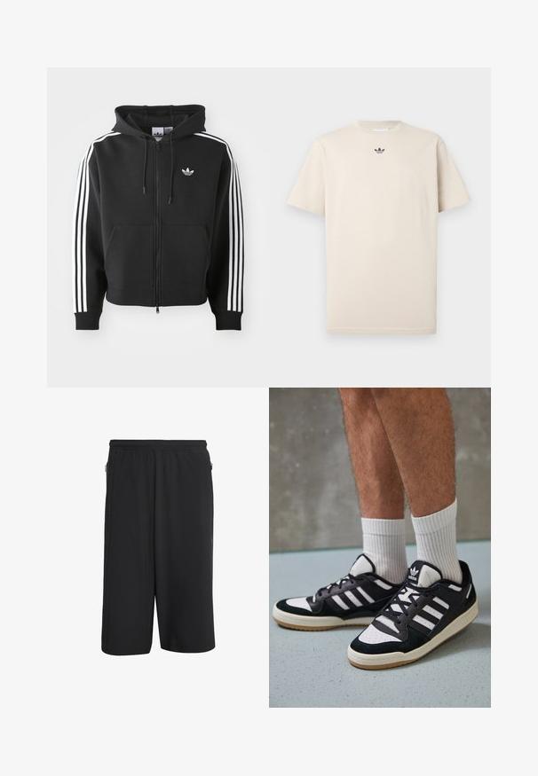 Sweatshirt preto com fecho éclair, feito de uma mistura de algodão, apresentando um bolso frontal, capuz com cordão e detalhes em branco com três riscas nas mangas.; T-shirt de algodão bege com decote redondo, mangas curtas e um pequeno logo escuro no peito. Textura suave e ajuste casual.; Calções atléticos pretos com uma cintura elástica, apresentando fechos laterais e um tecido liso e leve. Design simples e funcional.; Ténis em preto e branco com upper em camurça e couro, apresentando três riscas brancas, um toe perfurado e uma sola em borracha de goma.