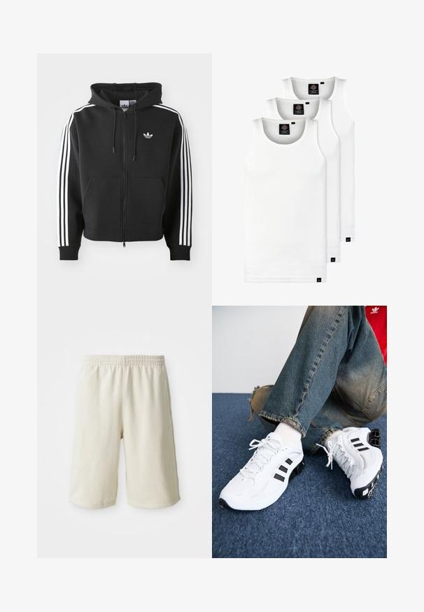 Juodos spalvos megztinis su užtrauktuku, pagamintas iš medvilnės mišinio, turintis priekinę kišenę, su raišteliu reguliuojamą kapuchoną ir baltas tris juostas ant rankovių.; Trys balti, dryžuoti marškiniai be rankovių, pagaminti iš medvilnės. Yra apvalus kaklas ir maži juodi etiketės netoli siūlės. Siūlomi įvairių dydžių.; Šviesiai smėlio spalvos sportiniai šortai su elastinga juosta, lygia tekstūra ir subtilia logotipo detale apatinėje kairėje pusėje. Kišenių nėra.; Balti tinkliniai sportiniai bateliai su juodais akcentais, turintys tekstūruotą dizainą ir išskirtinį padas, derinami su mėlynais džinsais.