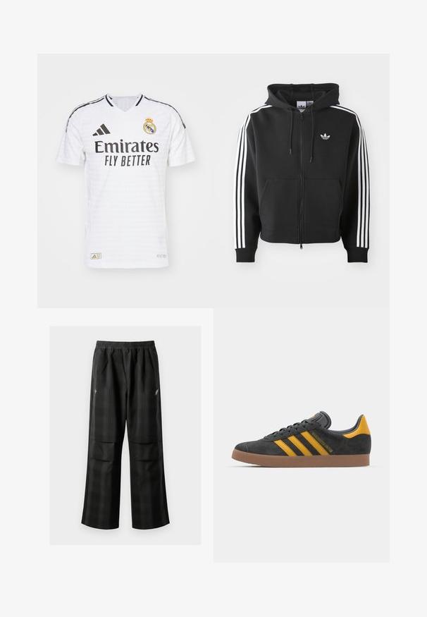 Haut à zip noir en mélange de coton, avec une poche frontale, une capuche à cordon de serrage et des accents blancs à trois rayures sur les manches.; Maillot de football blanc avec un col en V, des accents rayés noirs, le logo "Emirates Fly Better", le blason du Real Madrid et un tissu texturé.; Pantalons à carreaux noirs avec une taille élastique, deux poches avant et une coupe ample avec une conception à jambe droite. Fabriqués en matériau léger.; Baskets en suede noir avec des accents jaunes, présentant trois rayures et une semelle en caoutchouc marron. Comprend une languette rembourrée pour le confort.