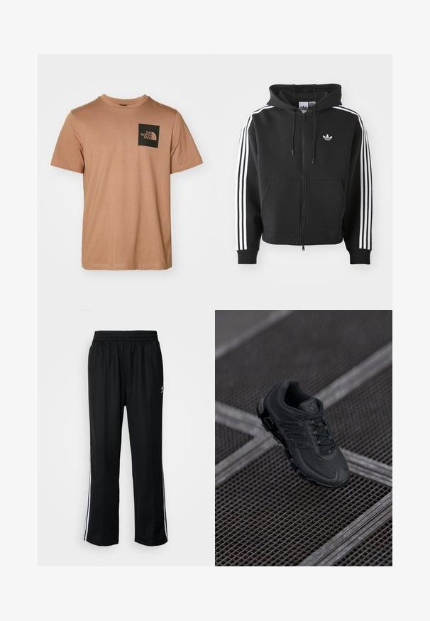 Black zip-up hoodie made of cotton blend, featuring a front pocket, drawstring hood, and white three-stripe accents on sleeves.; Brown cotton t-shirt with short sleeves and crew neckline. Features a black square pocket with white brand logo and curved graphic.; Black athletic pants with an elastic waistband, featuring white side stripes and a small logo. Material appears soft and lightweight.; Black athletic shoe with a textured mesh upper, three stripe design, and rounded sole featuring prominent cushioned pods.