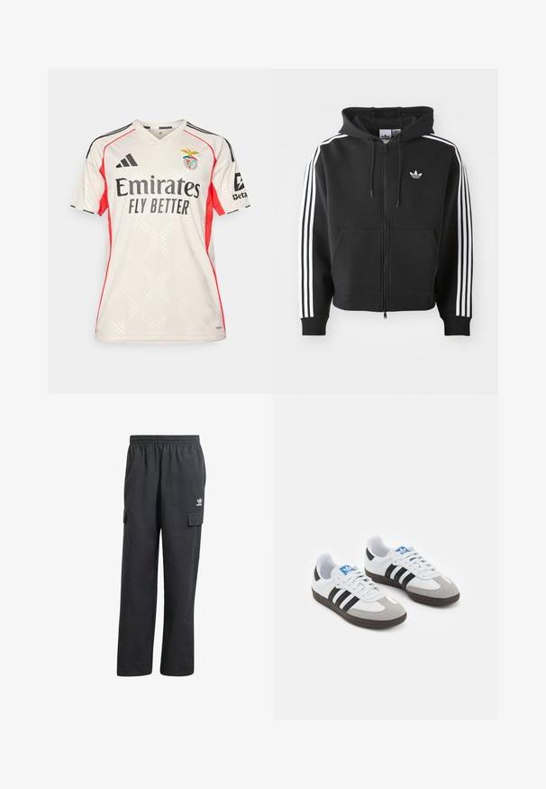 Svart hettegenser med glidelås laget av en bomullsblanding, med frontlomme, snor i hetten og hvite tre-striper som dekorasjon på ermene.; Lys beige fotbaltrøye med røde detaljer, med v-hals, diagonale svarte striper på skuldrene og svart tekst. Logo øverst til venstre.; Sorte cargo-bukser med elastisk linning, to sidelommer og en subtil logo på venstre lår. Fremstillet af et letvægtsstof.; Sportssko med en hvit skinnoverdel, grå semsket tå og tre svarte striper. Har en blå logo på tungen og en teksturert gummisåle.