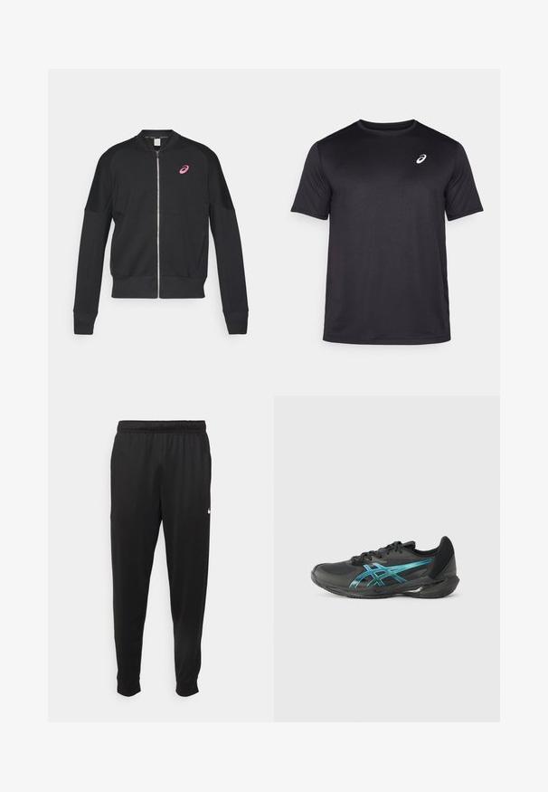 ASICS MATCH CAPSULE JACKET - Užtrauktuku užsegamas treningas - performance black; Juodas trumpas rankovės sportinis marškinėlis, pagamintas iš kvėpuojančios medžiagos, su apvaliu iškirpimu ir mažyčiu baltu logotipu viršutiniame kairiajame krūtinės kampe.; Juodi sportiniai kelnės, pagamintos iš lygaus audinio, turinčios elastinę juosmenį, siaurėjantys sijonai ir mažas baltas logotipas kairėje pusėje.; ASICS SOLUTION SPEED FF 3 - Teniso bateliai įvairiai dangai - black/prism blue