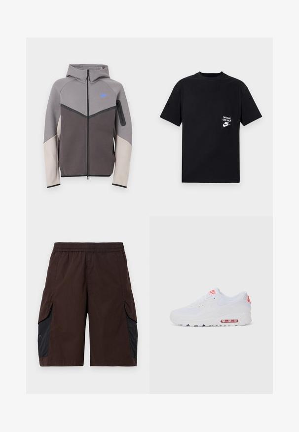 Grijs en beige hoodie met rits en capuchon. Voorzien van een blauw logo, contrasterende naden en een ritsvak op de mouw. Gladde textuur.; Zwarte katoenen T-shirt met korte mouwen, ronde halslijn, voorzien van witte tekst "ENKEL VOOR OFFICIEEL GEBRUIK" en het Nike-logo op de linkerborst.; Bruine shorts met een elastische tailleband, voorzien van zwarte zijpanele en steekzakken. Materiaal lijkt lichtgewicht met een gladde textuur.; Witte sportieve sneaker met een gladde bovenkant, vetersluiting, gevoerde zool en een zichtbare luchtunit met rode accenten op de branding.