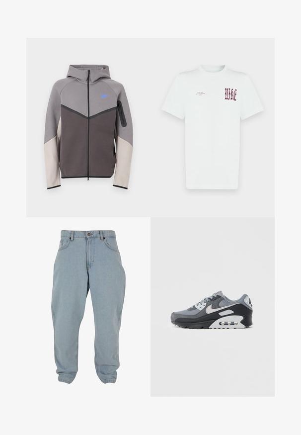 Hall ja beež lukuga pusa kapuutsiga. Omab sinist logo, kontrastsed õmblused ja lukuga taskut varrukal. Sile tekstuur.; Valge puuvillane t-särk, millel on vasakul rinnal punane "NIKE" graafika ja tekst. Lühikesed varrukad ja ümara kaelusega disain, sile tekstuur.; Heledad sinine teksapüksid, millel on vabam istuvus, ees taskud, nööbiga kinnitamine ja peened õmblusdetailid.; Hall hallitossud, mis on valmistatud võrgust ja seemisnahast, musta tallaga ja nähtava õhunõrega. Märgatavad helehallid aktsendid ja paelad.