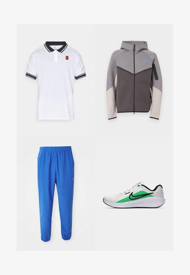 Pelēka un bēša kapuce ar rāvējslēdzēju un kapuci. Izceļas ar zilu logotipu, kontrastējošām šuvēm un rāvējslēdzēja kabatu uz piedurknes. Gluda tekstūra.; Balta Nike polo krekls ar melnu apkakli un piedurkņu svītrām, kurā ir mazs daudzkrāsains Nike logo uz krekla kreisā krūtī.; Zili zili svārki ar elastīgu jostasvietu, taisnas kāju dizainu un sašaurinātām piedurknēm. Ar Nike zīmolu zeltā kreisajā pusē.; Balta sporta apava ar zaļu akcentu, melnu logo, sietiņu augšu, mīkstu zoli un noapaļotu papēdi. Iekļauj lences un kontrastējošas detaļas.
