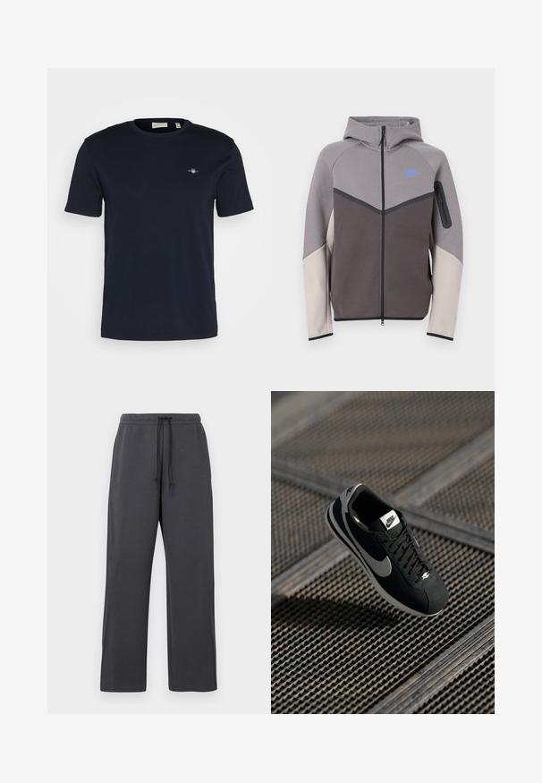 Grijs en beige hoodie met rits en capuchon. Voorzien van een blauw logo, contrasterende naden en een ritsvak op de mouw. Gladde textuur.; Marineblauwe katoenen T-shirt met een ronde hals, korte mouwen, en een klein logo geborduurd op de linkerkant van de borst. Zachte textuur, standaard pasvorm.; Grijze joggingbroek met een taillekoord, gemaakt van zachte stof. Wijd broekontwerp met zijnaden, minimale accenten en geen zichtbare patronen.; Zwarte Nike sneakers met grijze accenten, gemaakt van suede en mesh materialen, met een gestructureerde zool, een smalle vorm en een klassiek vetersluitingssysteem.