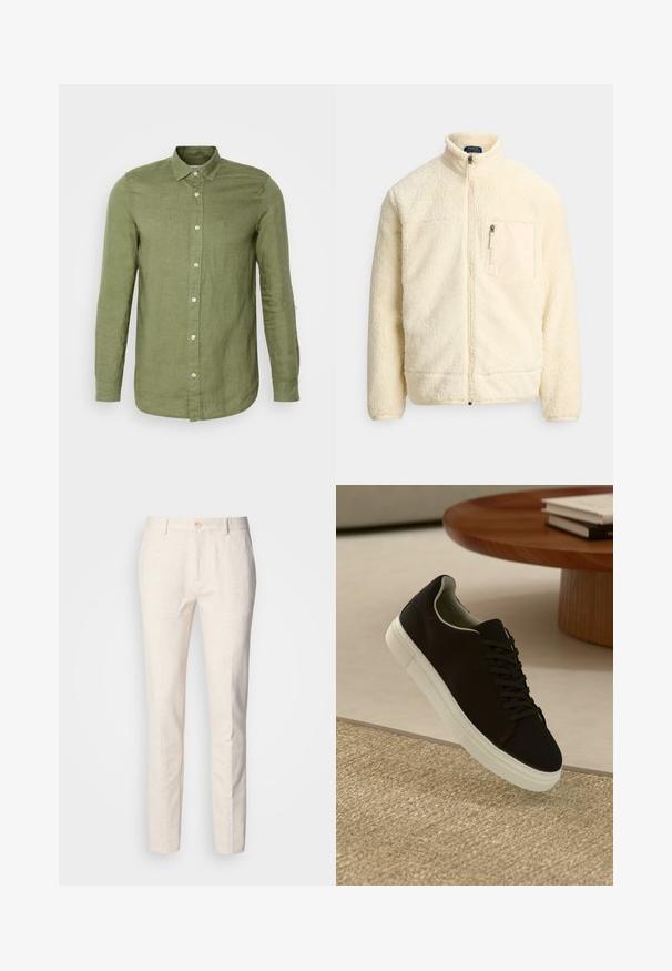 Krēmkrāsas pilna garuma rāpulis ar stāvošu apkakli, rāvējslēdzēja kabatu krūtīs un mīkstu teksturētu audumu.; Olive krāsas nātru auduma garām piedurknēm krekls ar pogu apakšmalu, ar baltām pogām un brīvu piegriezumu. Strukturēta auduma, pielāgotas aproces.; Gai bēšas, piegriezta bikses, izgatavotas no mīksta auduma. Aprīkotas ar pogu aizdari, jostas cilpām un šauru, taisnu kāju dizainu ar minimālu faktūru.; Melni sporta apavi ar baltu zoli, kas peld virs bēša tekstūrēta paklāja netālu no apaļa koka galda ar sakrautiem grāmatām.