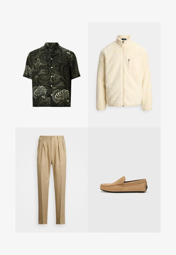 Krémovo sfarbená fleecová bunda na celé zapínanie so stojatým golierom, zipsovou náprsní kapucňou a jemnou textúrou látky.; Krátky rukávový košeľa z tmavozelenej bavlny s bielymi obrazcami draka a kvetín, s vykrojeným golierom a zapínaním na gombíky.; Bežové ľanové nohavice so strihaním do rovna, so 'dvoma prednými záhybmi, s gombíkovým zapínaním a bočnými vreckami. Textúrovaná látka s hladkým povrchom.; Béžová semišová mokasína s prešitým špikom, jednoduchým obutím a čiernou gumovou podrážkou. Obsahuje jemné logo na boku.