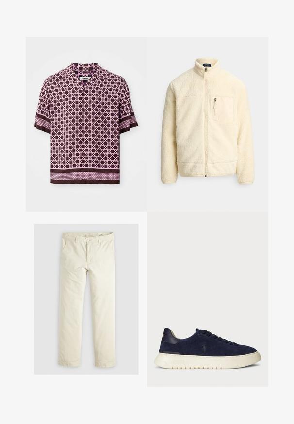 Krém színű, teljes hosszúságú cipzáras polárdzseki álló gallérral, cipzáras mellzsebbel és puha tapintású anyaggal.; Rövid ujjú ing, amely barna és rózsaszín geometrikus mintával rendelkezik. Könnyű anyagból készült, galléros nyakkivágással és gombos záródással.; Világos bézs, laza szabású nadrág három zsebbel, övpántokkal és egyenes szárú kialakítással. Puha pamut keverék anyagból készült.; Sötétkék velúr alacsony szárú sneaker, textúrázott felülettel, gumitalppal és azonos színű fűzőkkel, kis logóval az oldalon és a sarokon.
