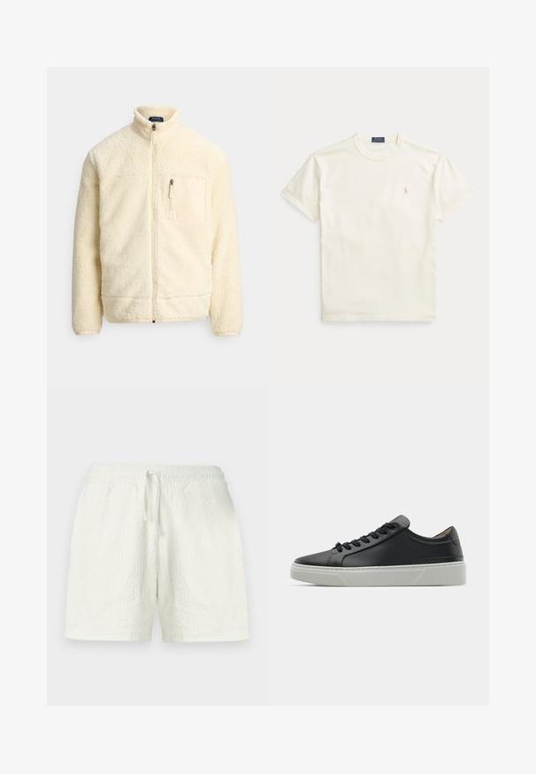 Cream-colored full-zip fleece jacket with stand collar, zippered chest pocket, and soft textured fabric.; Cream-colored cotton t-shirt with short sleeves. Features a subtle embroidered logo on the left chest and a crew neckline.; Cream-colored cotton t-shirt with short sleeves. Features a subtle embroidered logo on the left chest and a crew neckline.; White shorts made from textured fabric featuring a geometric pattern. Elastic waistband with drawstring for adjustable fit.; Black leather sneaker with a smooth texture, round toe, and black laces. Features a thick, white rubber sole with subtle geometric accents.