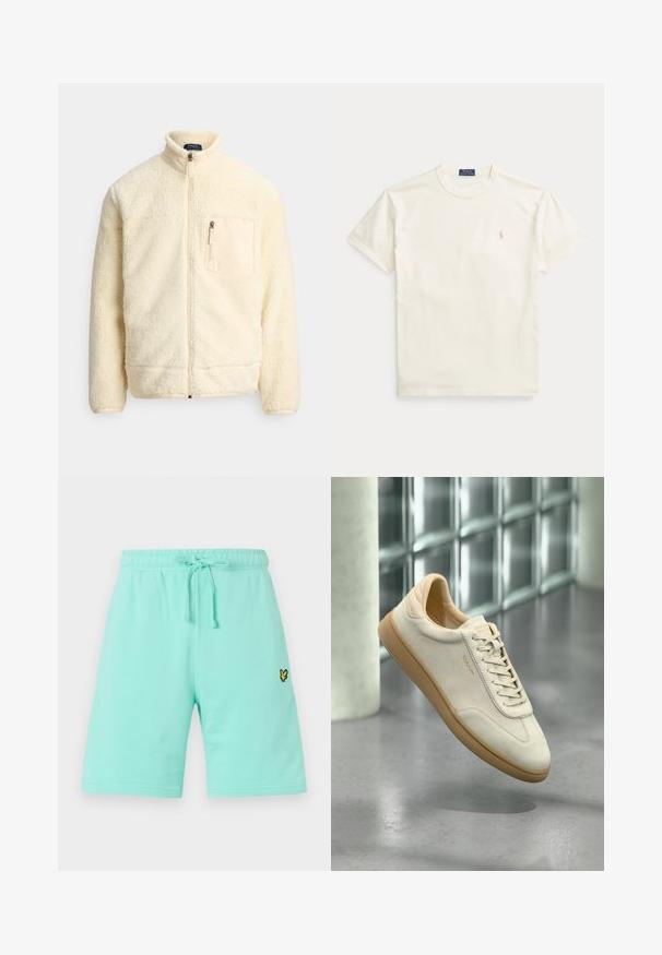 Jakna od flisa u krem boji s punim patentnim zatvaračem, ovratnikom koji stoji, džepom na prsima sa patentnim zatvaračem i mekanim teksturiranim tkanjem.; Pamučna majica krem boje s kratkim rukavima. Ima diskretan izvezeni logo na lijevoj strani prsa i okrugli izrez oko vrata.; Svijetlo zeleni pamučni šortsevi s elastičnim pojasom i podesivom vrpcom, s malim crno-žutim logotipom sprijeda.; Bež tenisica od brušene kože s teksturiranim gumiranim potplatom. Ima ravne vezice, zaobljeni vrh i suptilni brend sa strane. Lagano podstavljen ovratnik.