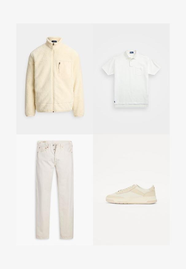 Kremo spalvos pilnai užsegamas fliso švarkas su stovu antkakliu, užtraukiamu krūtinės kišene ir minkšta tekstūruota medžiaga.; Balta polo marškiniai pagaminti iš medvilnės, su klasikiniais kraštais, trijų mygtukų sprandeliu ir kairiuoju krūtinės kišeniu; mažas logotipas apačioje.; Off-white aukštos juosmens siauri džinsai su sagčių užsegimu, penkiomis kišenėmis ir variniais išvaržais, išdėstyti ant balto fono.; Bežiniai sportbačiai, pagaminti iš lygaus odos ir tekstilės; žemas dizainas su apvaliu pirštu ir raišteliais; tekstūruoti šonų akcentai.