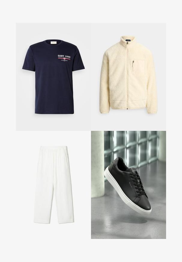 Jopi iz kremnega flisa s popolnim zadrgo, stoječim ovratnikom, žepom na prsih z zadrgo in mehko teksturirano tkanino.; Temno modra bombažna majica s kratkimi rokavi, ki ima bel logo "GANT 1949" in rdeče detajle, kroja z okroglo ovratnikom, gladko teksturo, osnovni kroj.; Bela široka hlače iz teksturiranega blaga. Imajo elastičen pas in dve stranski žep. Ohlapen, sproščen kroj.; Črne usnjene teniske z belim gumijastim podplatom, okroglo konico in vezalkami. Imajo gladko teksturo in diskretno blagovno znamko na jeziku.