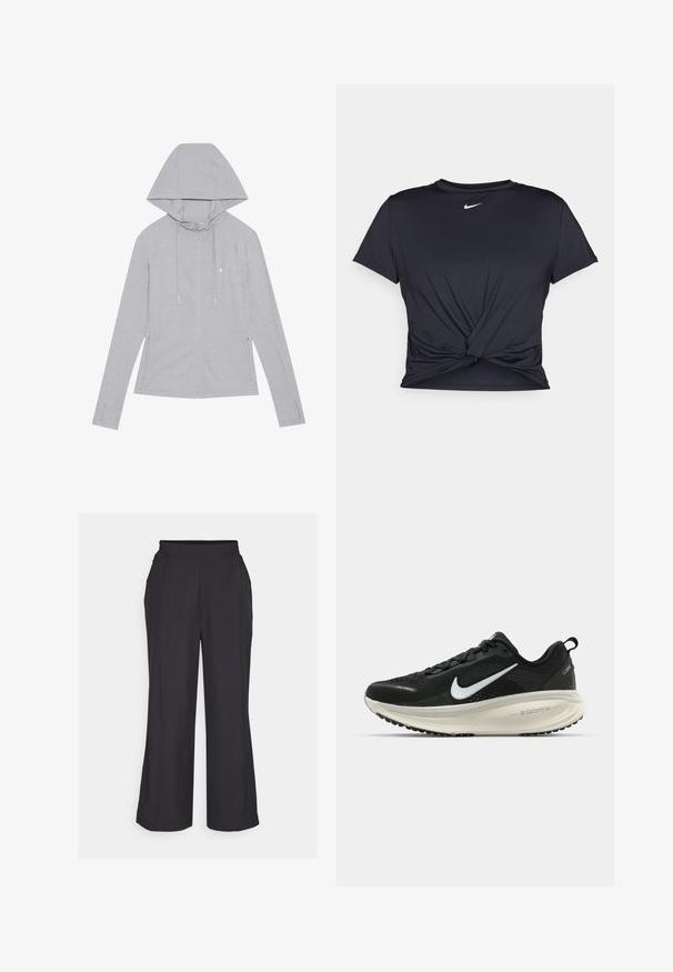 Sudadera con cremallera de color gris claro, con capucha ajustable, mangas largas, bolsillos laterales, textura suave y un pequeño emblema en el pecho.; Camiseta atlética negra hecha de tela suave, con un diseño de nudo en la parte delantera y un pequeño logo blanco de Nike en el pecho.; Pantalones negros de pierna ancha con una cinturilla elástica, dos bolsillos laterales y una textura suave y ligera. Diseño sencillo, sin patrones visibles.; Zapatilla de running Nike negra con parte superior de malla transpirable, logo Swoosh blanco, detalles texturizados y una entresuela ZoomX de color crema.