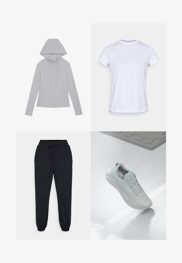Corta-vento cinza claro com fecho éclair, capuz com cordão, mangas longas, bolsos laterais, textura suave e pequeno emblema no peito.; T-shirt branca de gola redonda, feita de tecido leve. Mangas curtas, textura suave, com bainha reta e sem logótipos ou padrões visíveis.; Calças de moletom pretas feitas de tecido macio, com uma cintura elástica com cordão, bolsos laterais e punhos elásticos nos tornozelos.; Sapatilha de desporto cinza claro com uma parte superior em malha texturizada, design com atacadores, sola acolchoada e detalhe de marcação mínima.