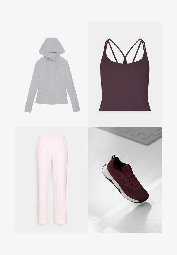Corta-vento cinza claro com fecho éclair, capuz com cordão, mangas longas, bolsos laterais, textura suave e pequeno emblema no peito.; Top de tanque roxo escuro feito de tecido suave, com finas alças duplas e um decote arredondado. Barra inferior sem costura.; Calças de fato cor-de-rosa claras feitas de tecido macio, com um cós elástico e um design de perna reta. Sem bolsos ou detalhes de hardware visíveis.; Sapatilha desportiva bordô com parte superior em malha, detalhes em preto e sola branca acolchoada. Apresenta fecho por atacadores e alça na parte traseira.