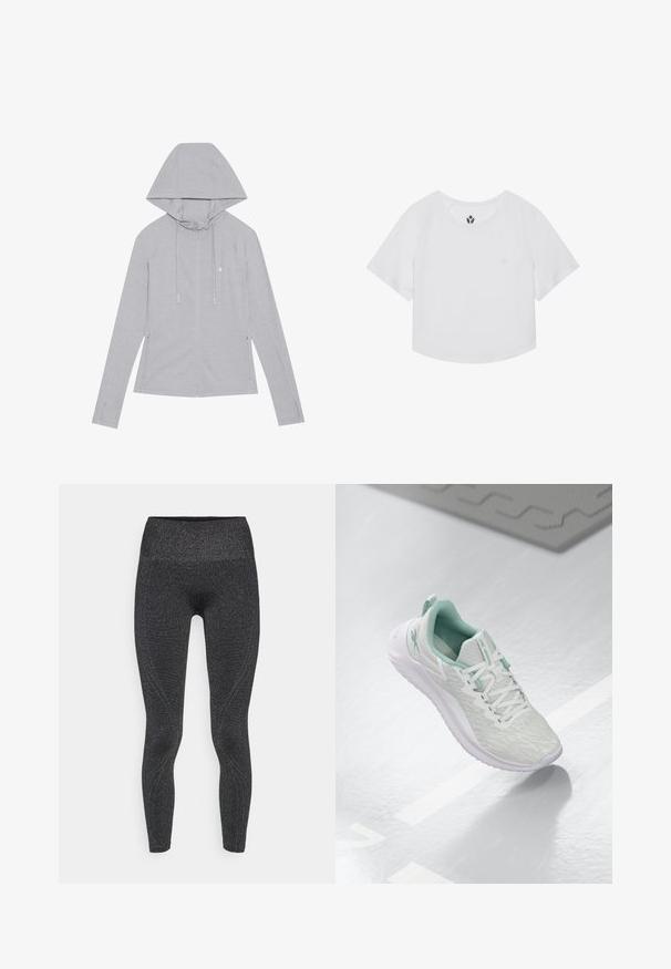 Svetlo šedá mikina na zips s kapucňou na sťahovanie, dlhými rukávmi, bočnými vreckami, hladkou textúrou a malým emblémom na hrudi.; Biele skrátené športové tričko s krátkymi raglánovými rukávmi, okrúhlym výstrihom a malým logom na hrudi. Hladká, ľahká tkanina.; Čierne legíny s lesklým, textúrovaným povrchom, vysokým pásom a tvarovanými švami pre priliehavý dizajn. Vhodné na aktívne nosenie.; Svetlošedé športové topánky s štruktúrovaným pleteným zvrškom, mätozelenými akcentmi, bielymi šnúrkami, gumovou podrážkou a pútkom na päte.