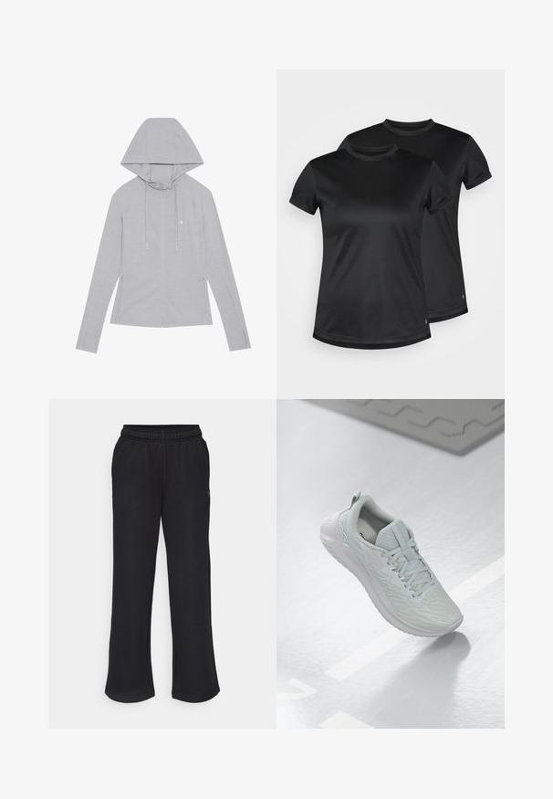 Svetlo siva kapuca na zip s vezicom, dolge rokave, stranske žepe, gladka tekstura in majhen emblem na prsih.; Črne majice s kratkimi rokavi iz gladkega, zračnega materiala z okroglo izrezom. Prikazani dve majici, obe z diskretno podrobnostjo logotipa.; Črne trenirke s flared obliko, elastičnim pasom in stranskimi žepi. Narejene iz mehkega materiala brez vidnih vzorcev ali dodatkov.; Svetlo sivi atletski čevlji z teksturiranim mrežastim zgornjim delom, s črnim vezanjem, oblazinjeno podplatom in minimalnimi detajli blagovne znamke.