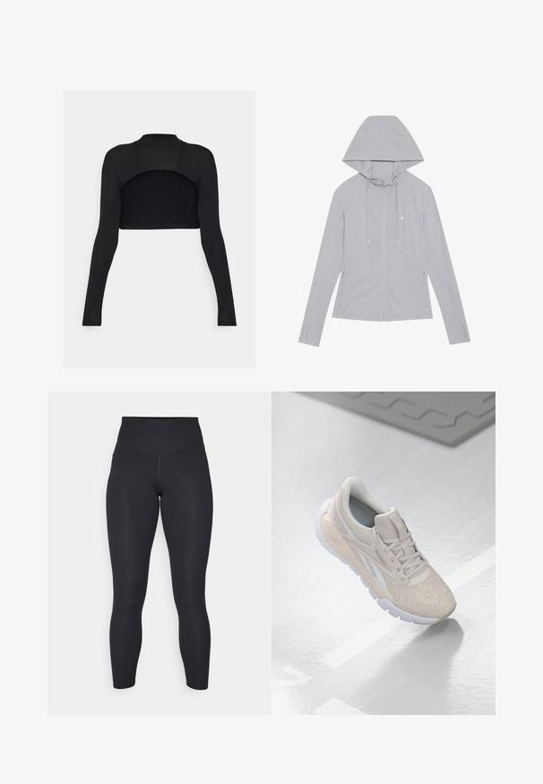 Light gray zip-up hoodie with a drawstring hood, long sleeves, side pockets, smooth texture, and small emblem on the chest.; Black ribbed crop top with long sleeves, high neck, and an open back design. Smooth texture with a fitted silhouette.; Black leggings with a high waist, smooth texture, and fitted design. Features flat seams and full-length coverage with no patterns.; Light beige athletic shoe with a perforated upper, textured accents, padded collar, and white rubber sole, designed for comfort and breathability.