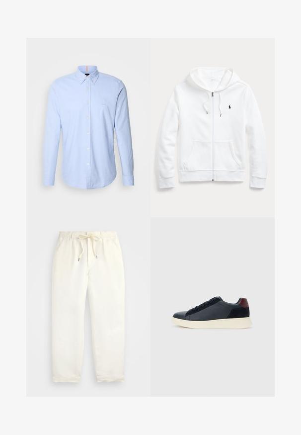 Bílá mikina na zip s kapucí na stažení, předními kapsami a malým černým logem na levé straně hrudi. Měkká tkanina a volný střih.; Světle modrá košile s dlouhým rukávem na knoflíky vyrobená z bavlny, s špičatým límcem, jemnou výšivkou loga a klasickými detaily knoflíků.; Světle krémové, volné kalhoty vyrobené z měkké látky. Mají elastický pás s tkaničkou a zúžený střih nohavic.; Nízké pánské tenisky z černé kůže a semiše s vínovým patním páskem a bílou gumovou podrážkou, pohled z vnější strany.