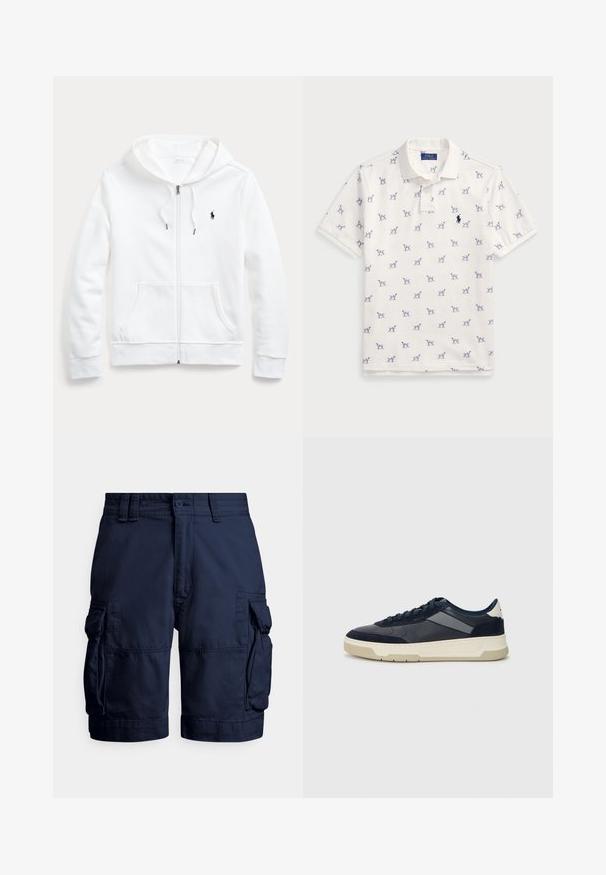 Biała bluza z kapturem na zamek błyskawiczny, z kieszeniami z przodu i małym czarnym logo na lewej piersi. Miękki materiał i luźny krój.; Biała koszulka polo z bawełny, z powtarzającym się niebieskim wzorem psów i małym niebieskim logo na piersi. Krótkie rękawy i kołnierzyk.; Granatowe szorty typu cargo wykonane z wytrzymałego materiału, wyposażone w boczne kieszenie, zapięcie na guziki oraz przeszycia dodające faktury.; BOSS BALTIMORE niebieski