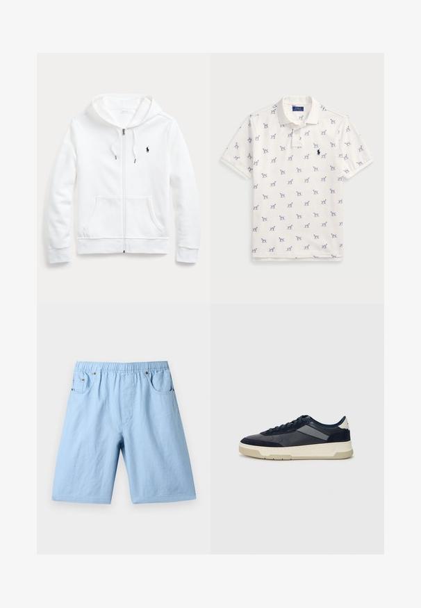 Witte rits-hoodie met een capuchon met trekkoord, voorzakken en een klein zwart logo op de linkerborst. Zachte stof en casual pasvorm.; Witte polo gemaakt van katoen, met een herhaald blauw hondenpatroon en een klein blauw logo op de borst. Korte mouwen en kraag.; Lichtblauwe shorts met een elastische tailleband, twee voorkruimels en een gladde textuur. Gemaakt van een zachte stof, geschikt voor casual gebruik.; BOSS BALTIMORE - Sneakers laag - open blue