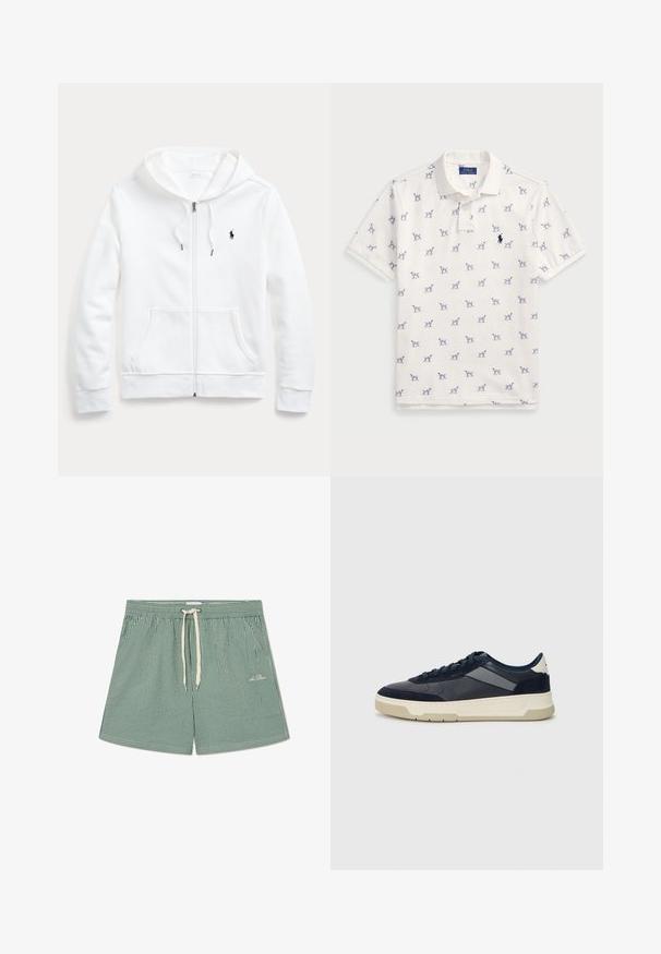 Valge tõmblukuga fliis, millel on reguleeritav kapuuts, ees taskud ja väike must logo vasakul rinnal. Pehme kangas ja iga päev kande mugavus.; Valge puuvillane polo särk, millel on korduv sinine koera muster ja väike sinine logo rinnal. Lühikesed varrukad ja krae.; Roheline ja valge triibuline ujumispüksid, elastse vöökoha, reguleeritava nööriga ja väikese logoga alumisel vasakul küljel.; BOSS BALTIMORE - Tossud - open blue