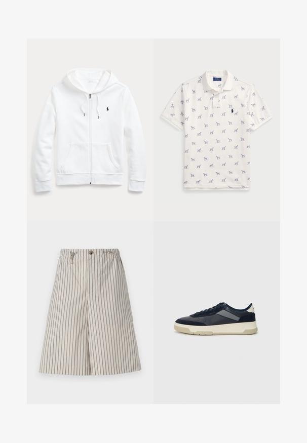 Felpa bianca con zip e cappuccio regolabile, tasche frontali e un piccolo logo nero sul petto a sinistra. Tessuto morbido e vestibilità casual.; Polo bianco in cotone, con motivo a cani blu ripetuto e un piccolo logo blu sul petto. Maniche corte e colletto.; Pantaloni corti beige a righe con vestibilità rilassata, realizzati in tessuto leggero. Presentano una chiusura con bottone e due tasche laterali.; BOSS BALTIMORE - Sneakers basse - open blue