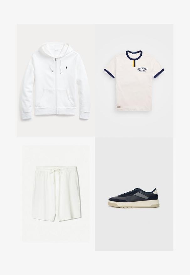 Witte rits-hoodie met een capuchon met trekkoord, voorzakken en een klein zwart logo op de linkerborst. Zachte stof en casual pasvorm.; Witte katoenen t-shirt met marineblauwe ronde hals en mouwaccenten. Bevat een klein geel knoopdetail en geborduurd "NORTHEAST RL ATHL."; Witte sportieve shorts van lichtgewicht stof, met een elastische tailleband en een trekkoord, en zijzakken. Zachte textuur.; BOSS BALTIMORE - Sneakers laag - open blue