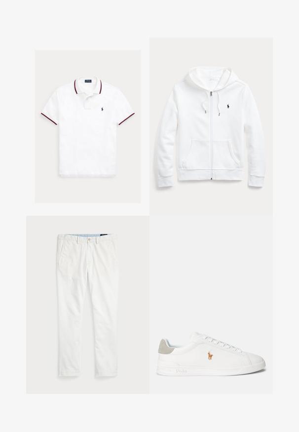 Fato de treino branco com fecho éclair, capuz com cordão, bolsos frontais e um pequeno logótipo preto no peito esquerdo. Tecido suave e corte casual.; Polo branca com gola riscada em vermelho e azul-marinho, mangas curtas, pala com três botões e logótipo azul-marinho bordado no peito esquerdo.; Chinos brancos feitos de algodão, com frente lisa, passadores de cinto, dois bolsos laterais e um único bolso traseiro. Textura suave com perna reta.; Sapatilha branca com material sintético suave, bico redondo e design com atacadores. Apresenta um detalhe em camurça cinza claro no calcanhar e um logo bordado.