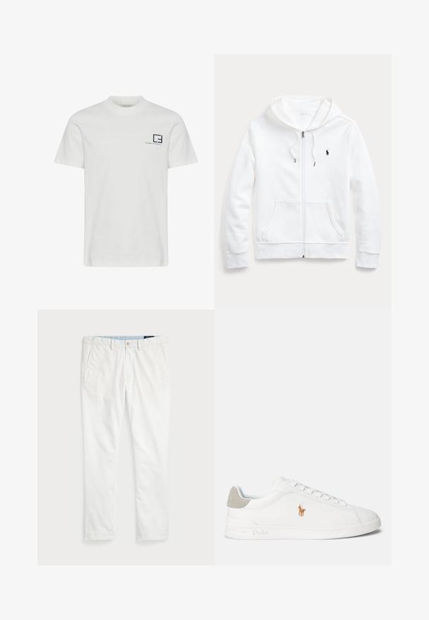 Hanorac alb cu fermoar, cu glugă ajustabilă, buzunare frontale și un mic logo negru în partea stângă a pieptului. Material moale și croi casual.; Tricou alb din bumbac, cu guler rotund și mâneci scurte. Prezintă un logo grafic bleu marin și text pe zona stângă a pieptului.; Chino-uri albe din bumbac, cu front plat, bucle pentru curea, două buzunare laterale și un singur buzunar la spate. Textură netedă cu croi drept.; Adidași albi din material sintetic neted, cu bot rotund și design cu șireturi. Prezintă un accent de călcâi din suede gri deschis și un logo brodat.
