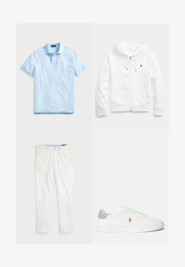 Bílá mikina na zip s kapucí na stažení, předními kapsami a malým černým logem na levé straně hrudi. Měkká tkanina a volný střih.; Světle modré polo tričko z bavlny, s krátkými rukávy, skládacím límečkem a knoflíkovou légou se třemi knoflíky. Obsahuje malé vyšívané logo na hrudi.; Bílé chino kalhoty vyrobené z bavlny, s plochým předním dílem, poutky na opasek, dvěma bočními kapsami a jednou zadní kapsou. Hladká textura se rovnými nohavicemi.; Bílé tenisky s hladkým syntetickým materiálem, kulatou špičkou a šněrováním. Obsahují světlý šedý semišový akcent na patě a vyšitým logem.