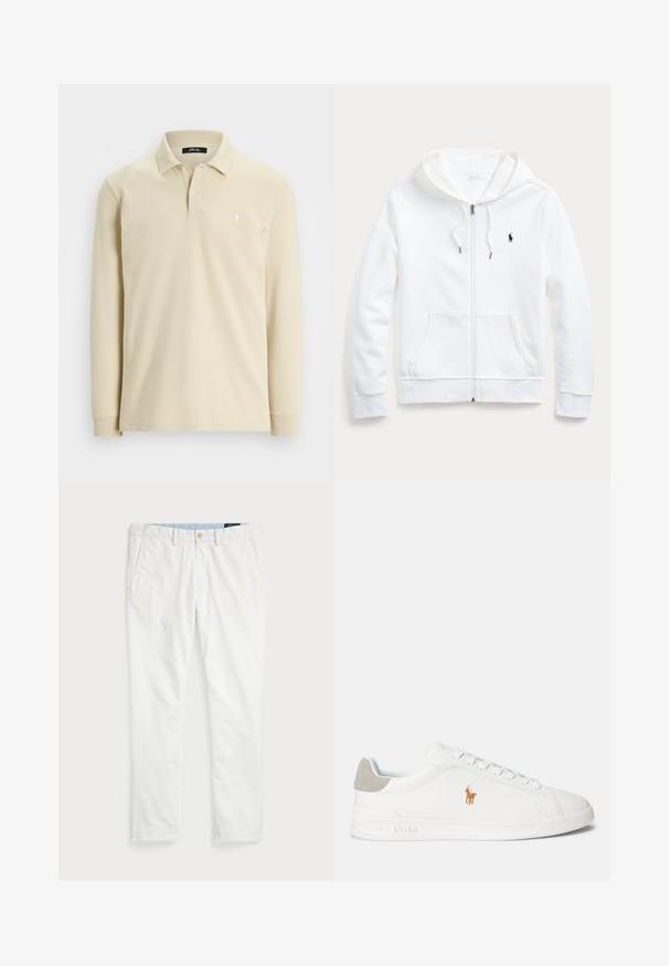 Fato de treino branco com fecho éclair, capuz com cordão, bolsos frontais e um pequeno logótipo preto no peito esquerdo. Tecido suave e corte casual.; Camisa polo de mangas compridas bege, com colarinho, dois botões, punhos canelados e pequeno logo bordado branco no lado esquerdo do peito.; Chinos brancos feitos de algodão, com frente lisa, passadores de cinto, dois bolsos laterais e um único bolso traseiro. Textura suave com perna reta.; Sapatilha branca com material sintético suave, bico redondo e design com atacadores. Apresenta um detalhe em camurça cinza claro no calcanhar e um logo bordado.