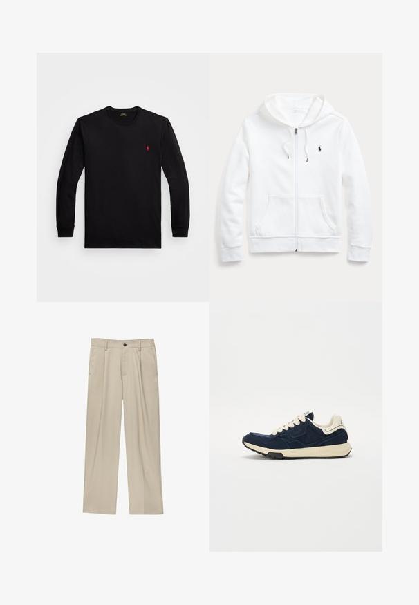 Bílá mikina na zip s kapucí na stažení, předními kapsami a malým černým logem na levé straně hrudi. Měkká tkanina a volný střih.; Černé tričko s dlouhým rukávem vyrobené z bavlny, s žebrovanými manžetami, kulatým výstřihem a malým červeným logem na levé straně hrudi. Hladká textura, přiléhavý střih.; Béžové kalhoty klasického střihu, se jedním černým knoflíkem, poutky na opasek a bočními kapsami. Hladká textilie a minimalistický design.; Navy modré tenisky s texturovaným semišovým svrškem, krémovými tkaničkami a béžovou mezipodešví. Disponují klasickým sportovním designem a gumovou podrážkou.