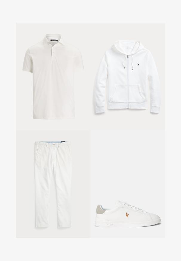 Vit zip-up hoodie med en justerbar huva, framfickor och en liten svart logotyp på vänster bröst. Mjuk tyg och avslappnad passform.; Herr vit pikétröja med korta ärmar, krage, två knappar och en diskret logomärke på insidan av kragen.; Vita chinos i bomull, med platt front, bältesögglor, två sidofickor och en bakficka. Slät textur med rak benstil.; Vit sneaker med slät syntetisk yta, rund tå och snörningsdesign. Har en ljusgrå mockahäl och broderad logotyp.