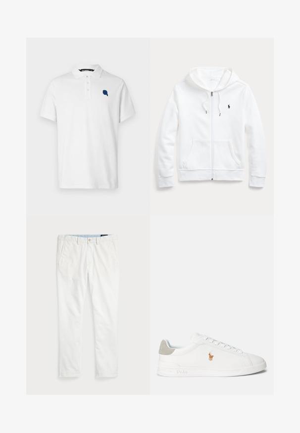 Hvit zip-up hettegenser med snøring i hetten, frontlommer og en liten svart logo på venstre bryst. Myk stoff og ledig passform.; Hvit polo-skjorte laget av bomull, med kragehals, tre knapper og en marineblå brodert logo på venstre bryst.; Hvite chinos laget av bomull, med flat front, beltehemper, to sidelommer og en baklomme. Glatt tekstur med rett ben.; Hvit sneakers med glatt syntetisk materiale, rund tå og snøredesign. Har en lys grå suedheelkappe og brodert logo.