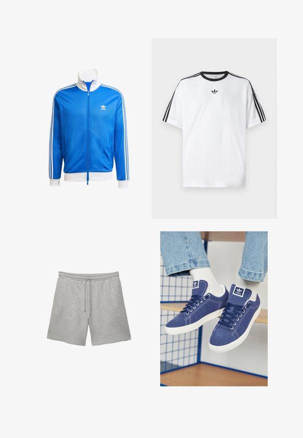 adidas Originals Vetoketjullinen college - blue white; Valkoinen t-paita, joka on valmistettu puuvillasta, mustalla pyöreällä kaula-aukolla ja kolmella mustalla raidalla jokaisella olkapäällä. Pieni musta logo rinnassa.; Harmaat puuvillahousut, joissa on joustava vyötärö ja nyöri, kahdella sivutaskulla ja pehmeällä, tekstuuripinnalla.; Meren siniset Adidas-tennarit, jotka on valmistettu sametista, valkoisilla kumipohjilla, pyöreillä kärjillä ja logopatchilla kengännauhoissa. Kirkkaat valkoiset sukat näkyvä.