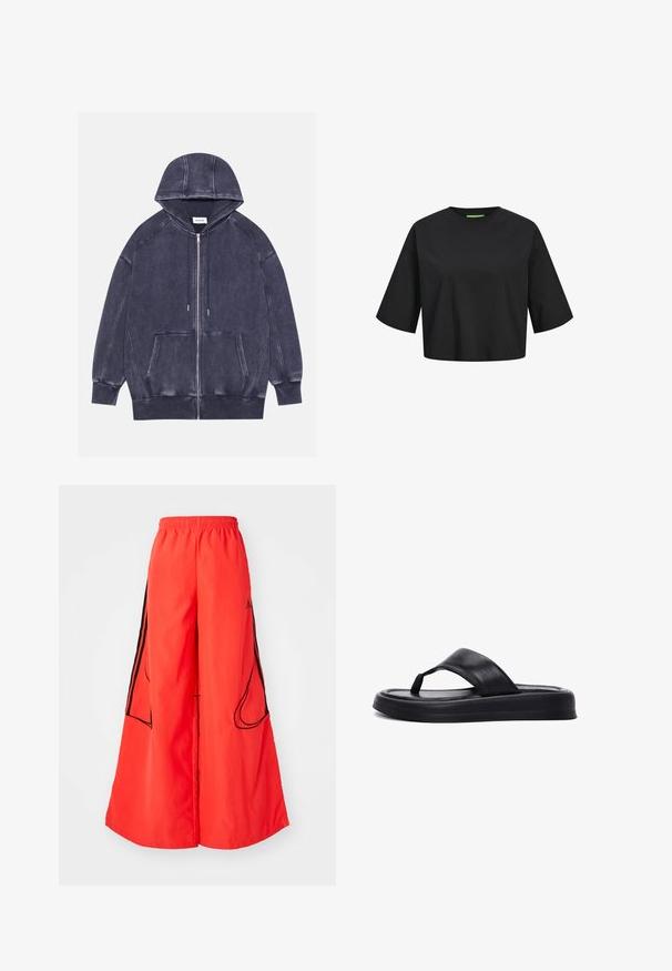 Ciemnoszary hoodie zapinany na zamek z kapturem, z ribbowanymi mankietami, przednią kieszenią i kontrastowym przeszyciem. Wykonany z miękkiego, teksturowanego materiału.; Czarny bawełniany krótki t-shirt z okrągłym dekoltem, krótkimi rękawami i zielonym logo przy dekolcie. Gładka, miękka tekstura.; Czerwone spodnie o szerokich nogawkach mają elastyczny pas, kontrastujące czarne paski po bokach oraz dwie zewnętrzne kieszenie z zaokrąglonymi otworami.; Derimod - Japonki