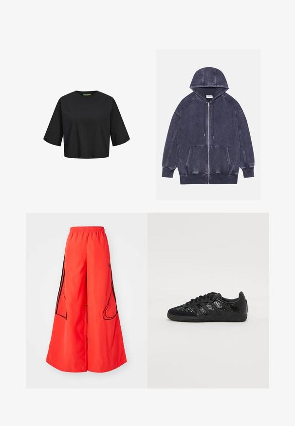 Sudadera con cremallera de color gris oscuro con capucha, que cuenta con puños acanalados, un bolsillo frontal y costuras en contraste. Fabricada con una suave tela texturizada.; Camiseta de algodón negra recortada con cuello redondo, mangas cortas y un detalle de etiqueta verde en el escote. Textura suave y lisa.; Los pantalones anchos rojos cuentan con una cintura elástica, rayas laterales negras en contraste y dos bolsillos externos con aberturas curvas.; Zapatilla deportiva negra que presenta una combinación de materiales sintéticos suaves y texturizados, con tres rayas negras y una suela de goma.