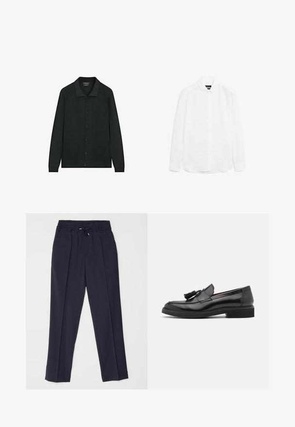 Zwarte gebreide cardigan met een polo kraag, knoopsluiting aan de voorkant en twee voorzakken. Heeft een ribbelstructuur over het geheel.; Witte overhemd met lange mouwen gemaakt van gladde stof, met een knoopsluiting aan de voorkant, puntscholieren en een afgeronde zoom met knoopmanchetten.; Marineblauwe broeken met een elastische tailleband en koord. Voorzien van twee voorplooien en taps toelopende benen voor een gestructureerd silhouet.; Zwarte leren instappers met een kwastje, ronde neus en een getextureerde zool. Heeft een gladde afwerking en een minimalistisch ontwerp.
