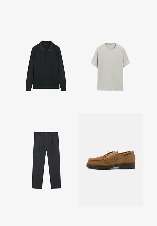 Schwarze gestrickte Strickjacke mit Polo-Kragen, vorderer Knopfverschluss und zwei Fronttaschen. Verfügt über eine gerippte Textur über die gesamte Oberfläche.; Hellgraues kurzärmliges T-Shirt aus weichem Baumwollstoff, mit klassischem Rundhalsausschnitt und lässigem Schnitt ohne sichtbare Nähte.; Schwarze, gerade geschnittene Hose aus leichtem Stoff mit Knopfverschluss, plissiertem Vorderteil und seitlichen Taschen. Durchgehend glatte Textur.; Braune Wildlederschuhe mit einer abgerundeten Zehenpartie, kontrastierenden Fadenakzenten und einer strukturierten Gummisohle mit tiefen Profilen für besseren Halt.